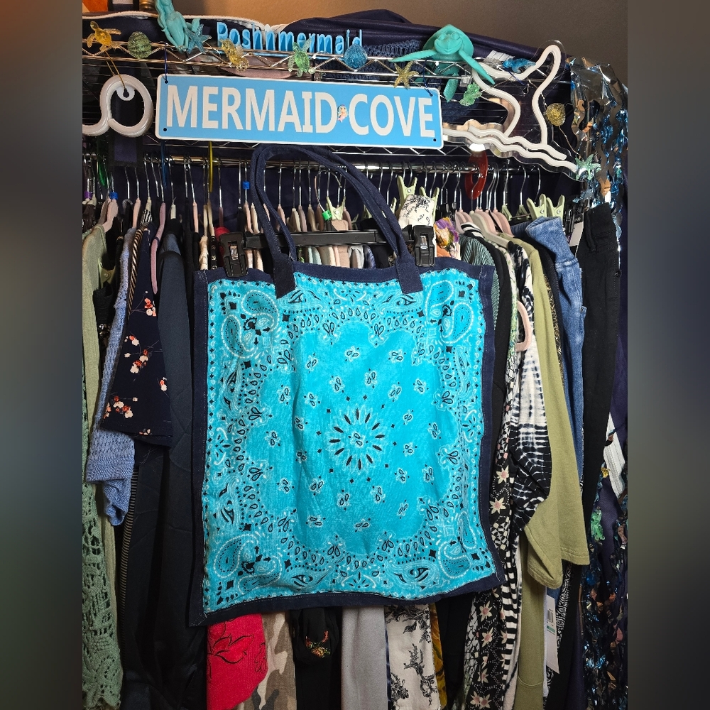 #0156 NEW Boutique Turquoise & Navy Suede Bag/Tote RAJ L.A. 100 Cotton 18x18.5